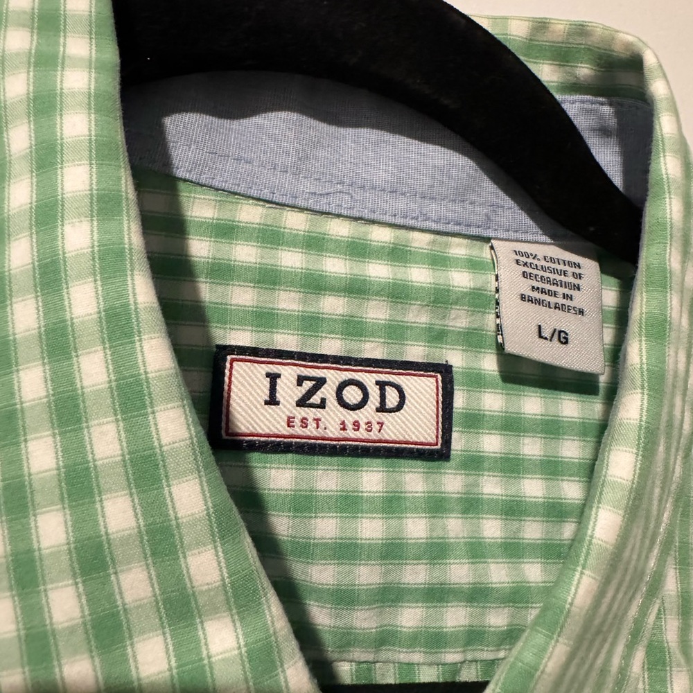 IZOD Gingham Checkered Green Casual Button Down Shirt - Picture 4 of 4
